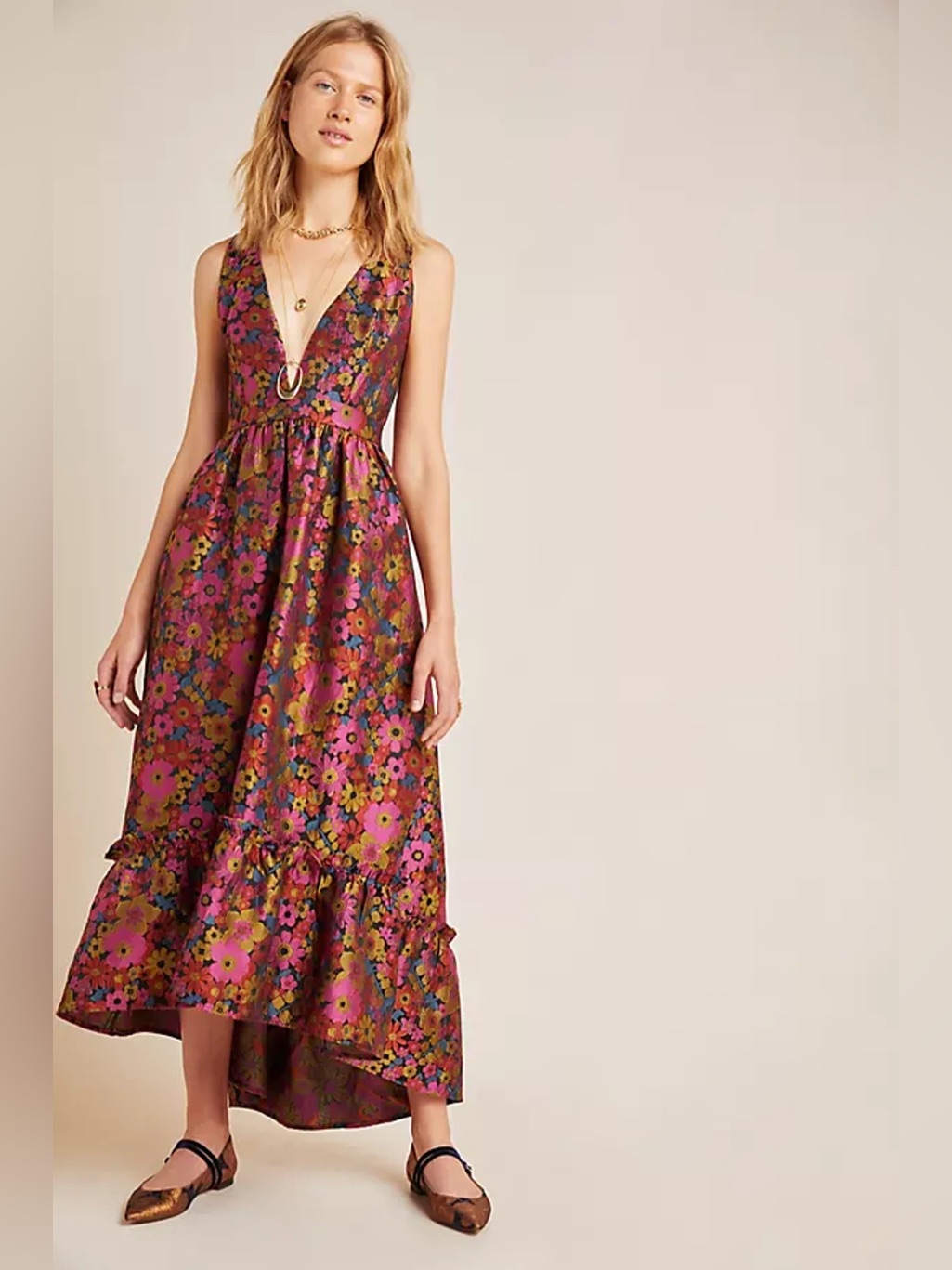 Hutch Dress Midi Maxi Black Pink Floral Jacquard Size 2 Ruffle Hi Low Rosario